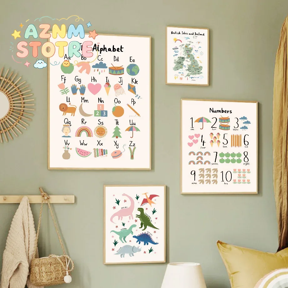 Baby Nursery Wall Art - Peta Dunia Hewan, Alfabet Dinosaurus, Angka,