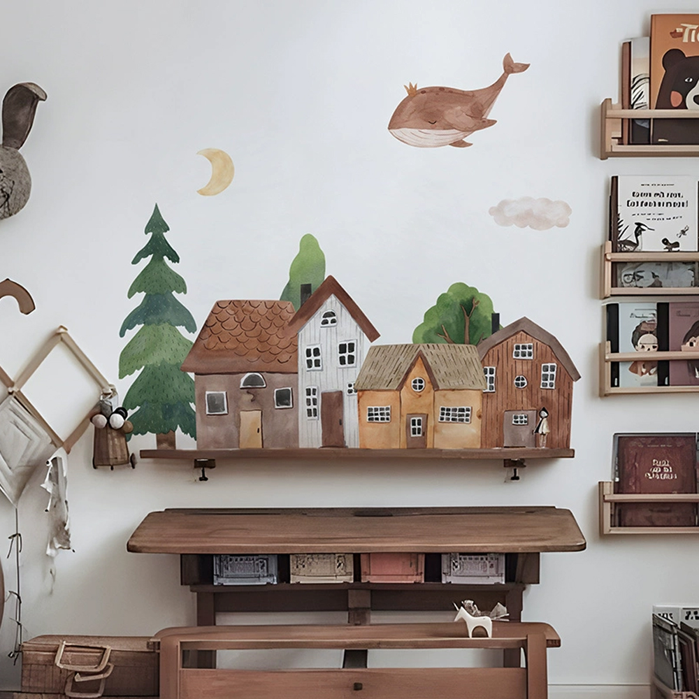Baby Nursery Wall Art - Stiker dinding kota Vintage, kain kartun